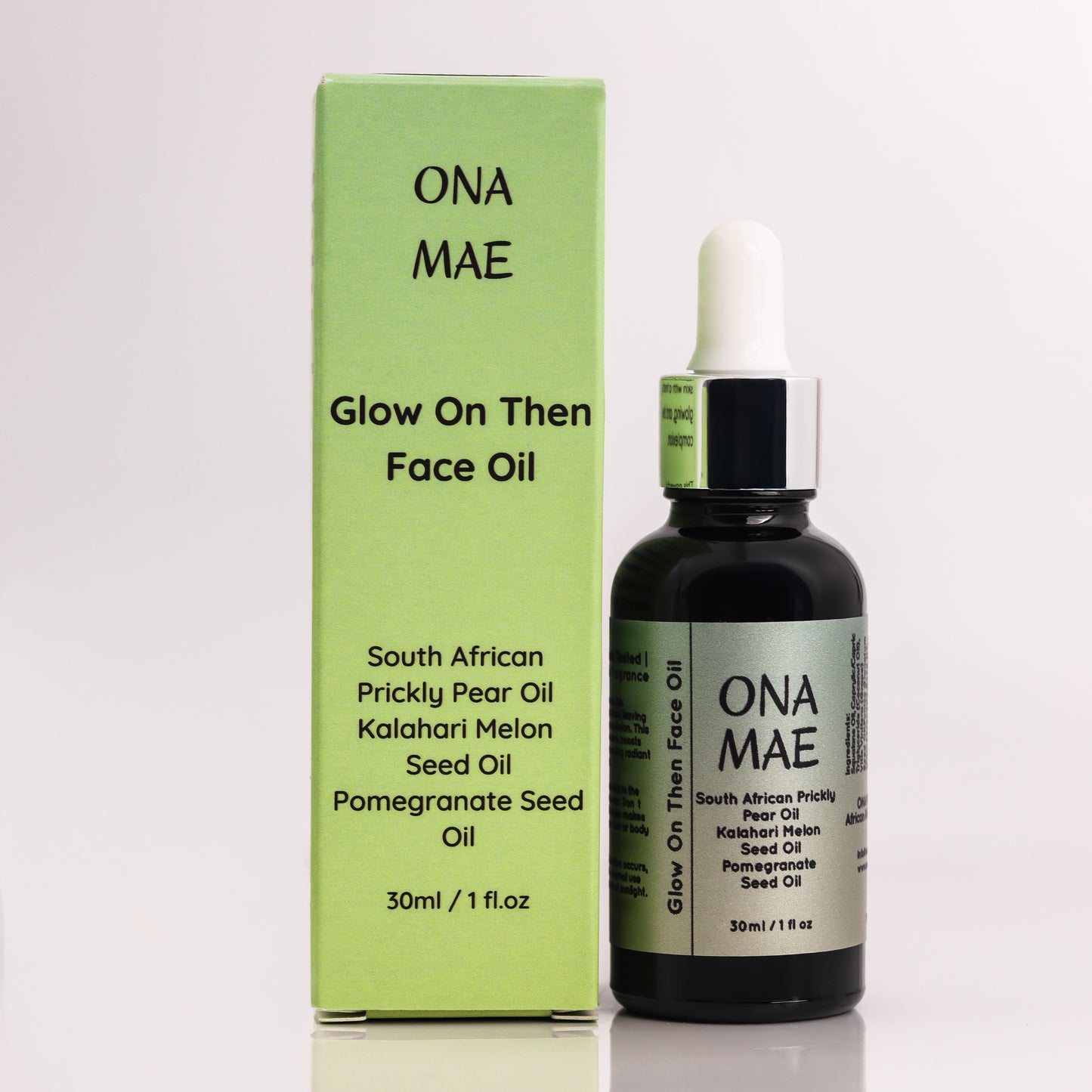 ONA MAE Glow On Then Face Oil bottle and packaging on a white