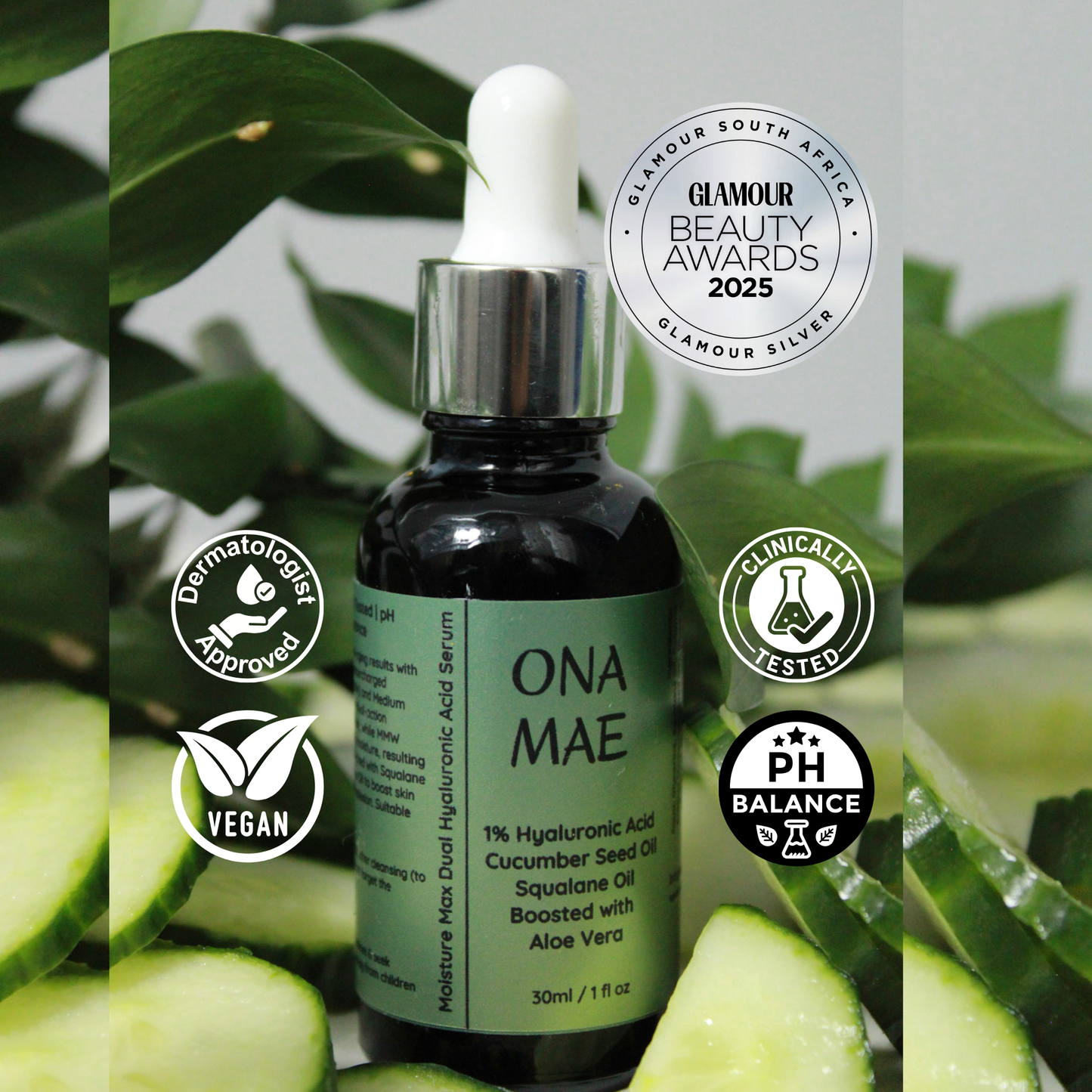 Ona Mae skincare serum bottle with Hyaluronic Acid and cucumber seed oil and aloe vera, featuring Glamour Beauty Awards 2025 badge.