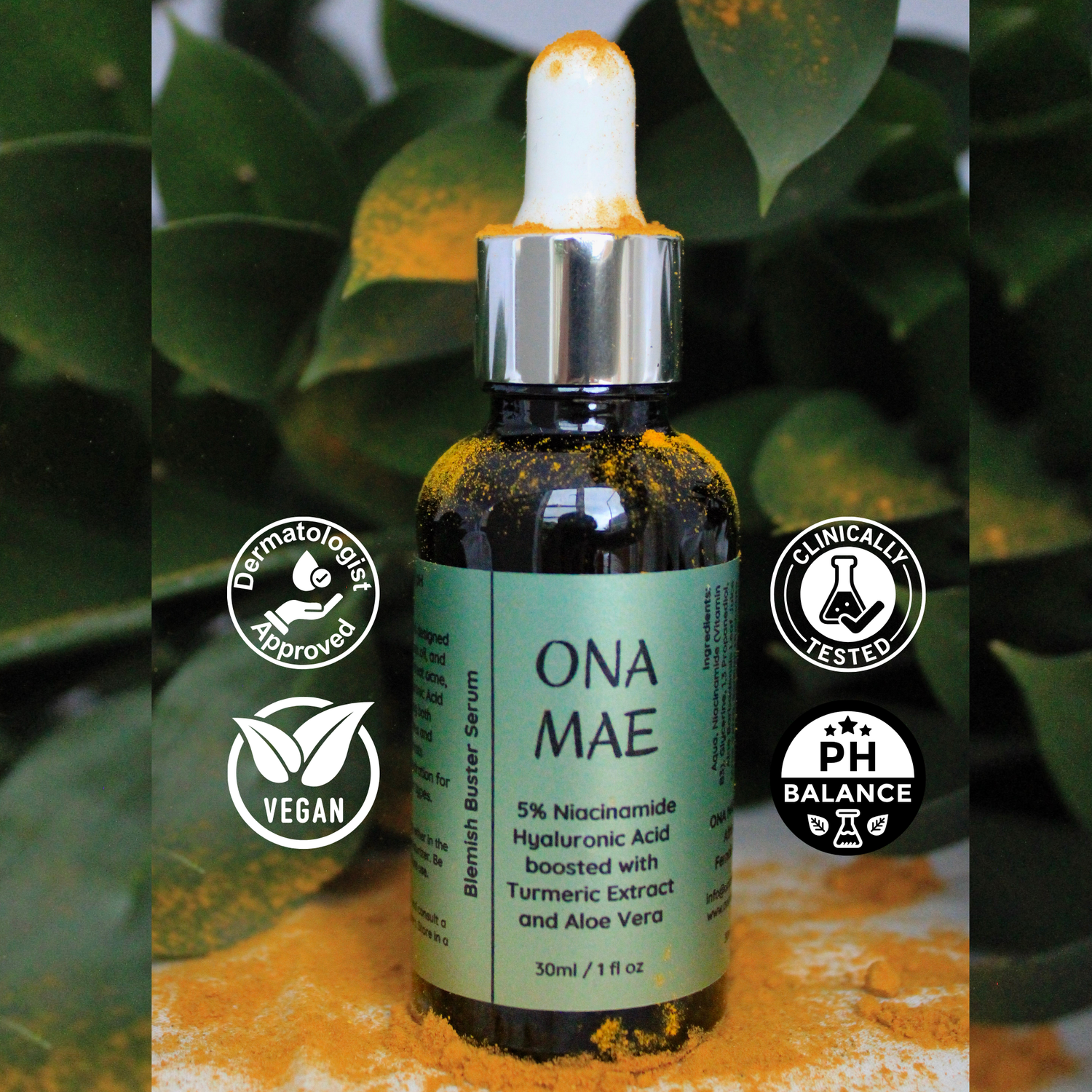 ONA MAE skincare serum bottle with dropper on a green leaf background