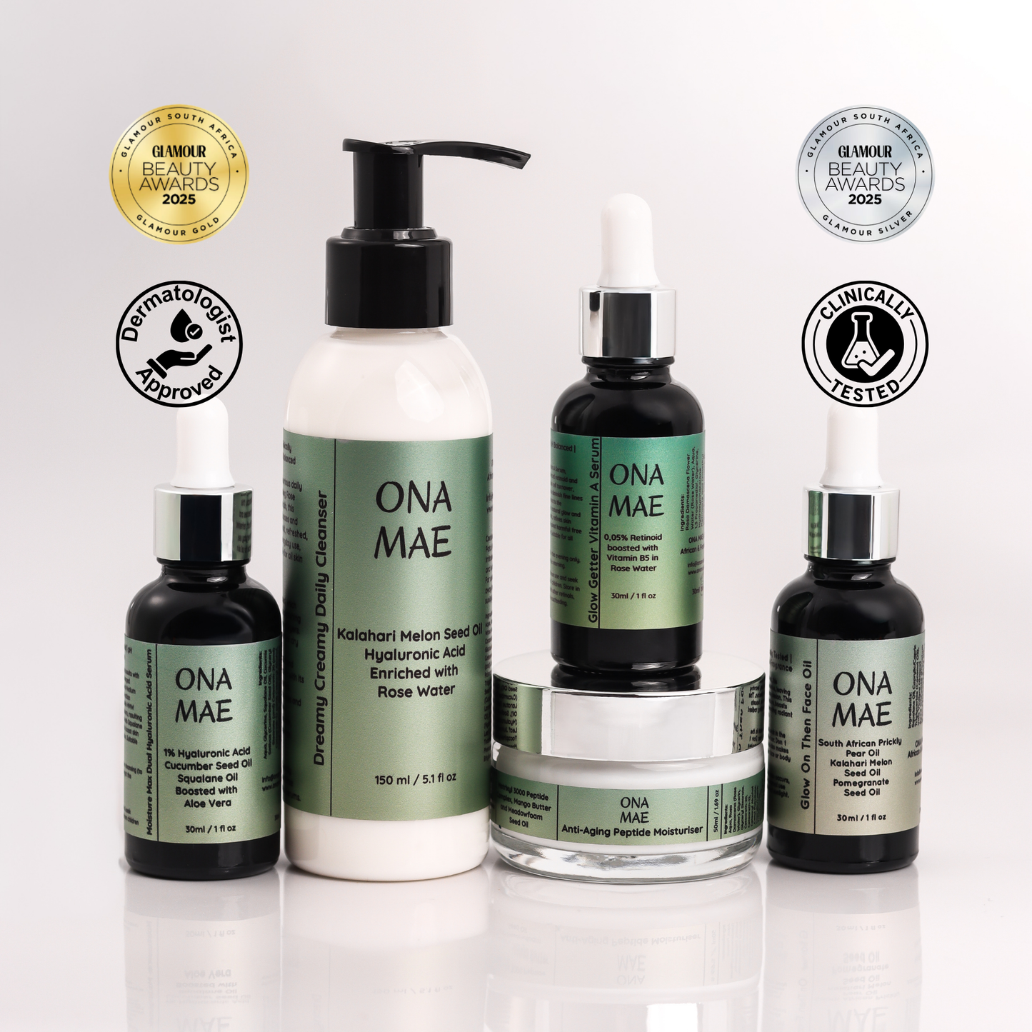 Award winning ONA MAE skincare kit 'Dermatologically Tested' and 'Clinically Tested' labels.