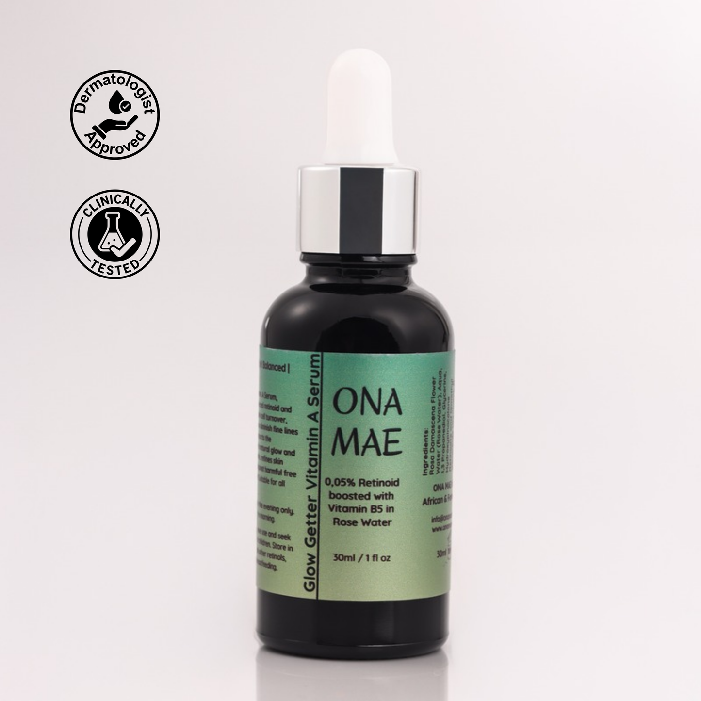 A 30ml dropper bottle of ONA MAE Vitamin A serum 'Dermatology Approved' and 'Clinically Tested'. For anti-ageing