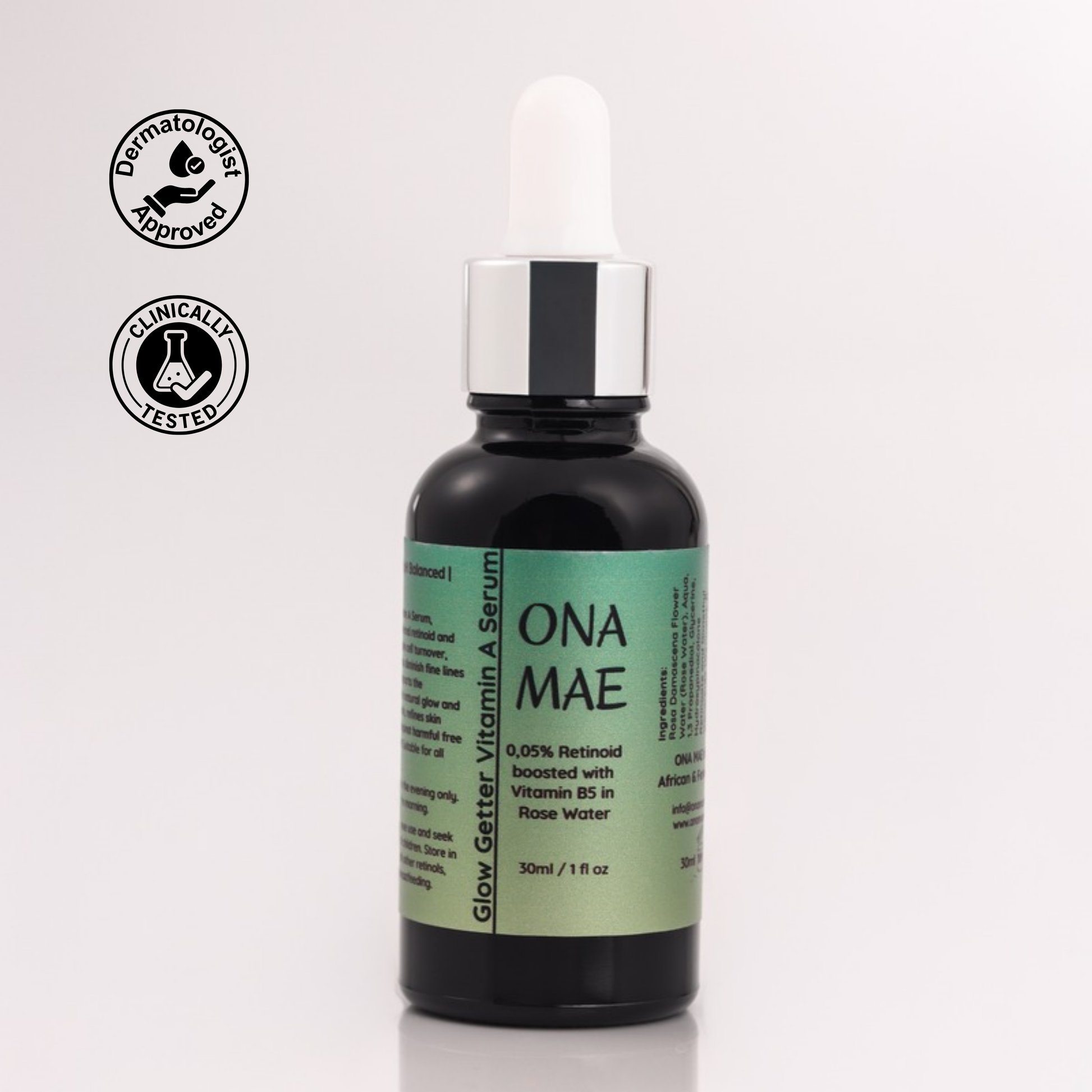A 30ml dropper bottle of ONA MAE Vitamin A serum 'Dermatology Approved' and 'Clinically Tested'. For anti-ageing