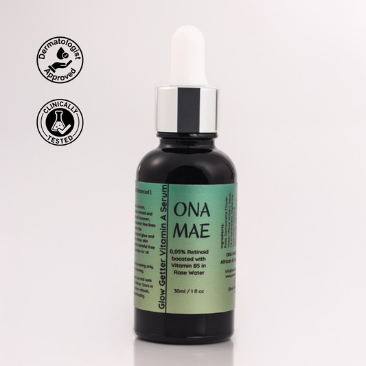 A 30ml dropper bottle of ONA MAE Vitamin A serum 'Dermatology Approved' and 'Clinically Tested'. For anti-ageing