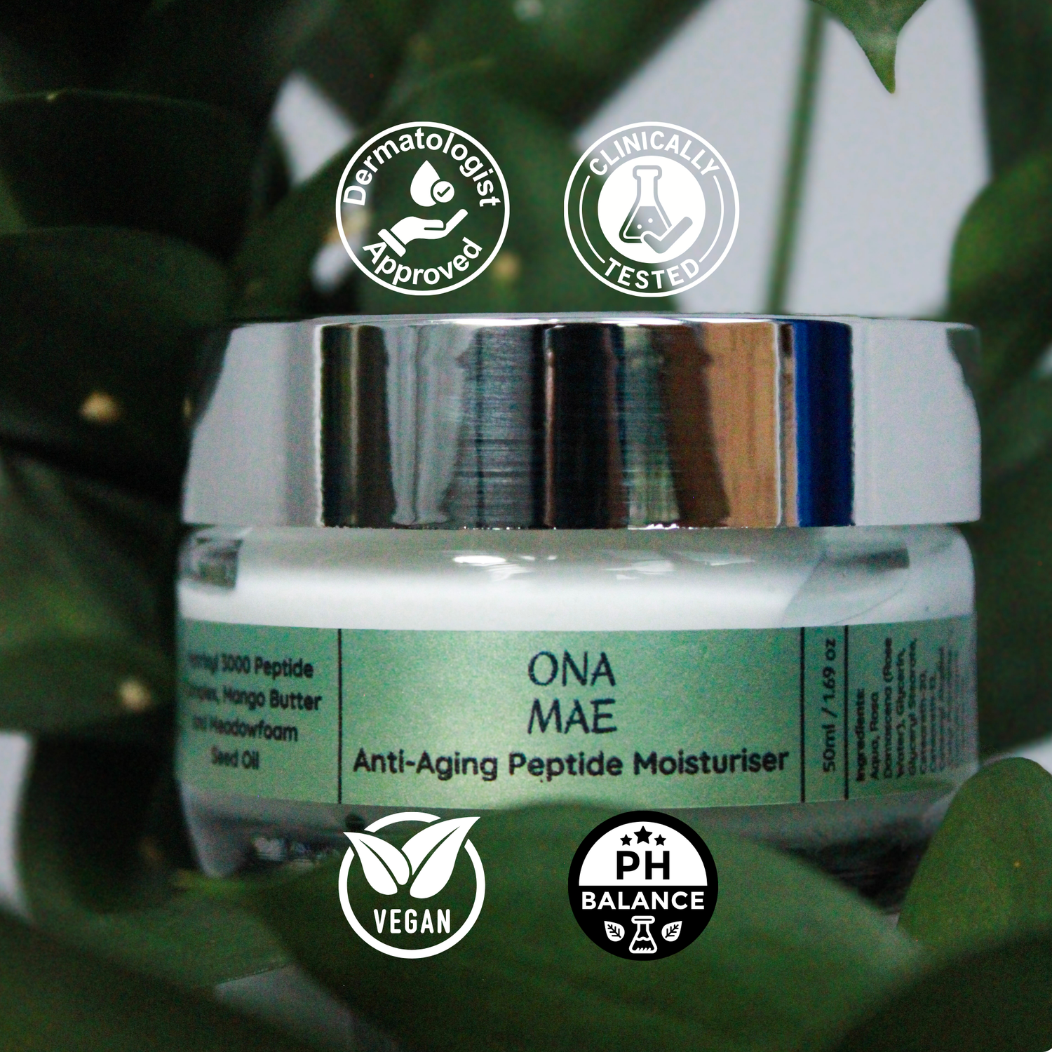 Ona Mae anti-aging peptide moisturizer jar with various certification logos on a green leafy background