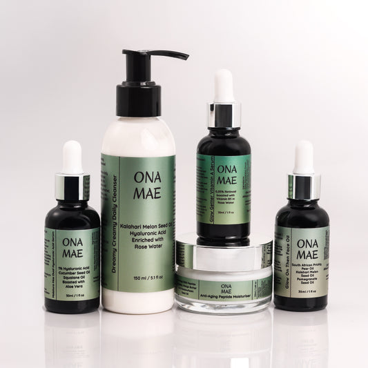 Set of ONA MAE skincare products on a white background with 'Dermatologically Tested' and 'Clinically Tested' labels.