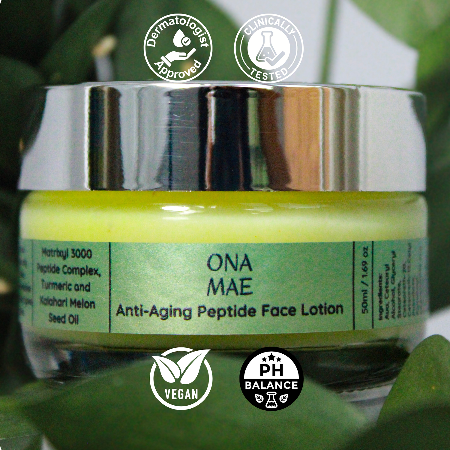 Ona Mae anti-aging peptide face lotion jar with green label on a leafy background
