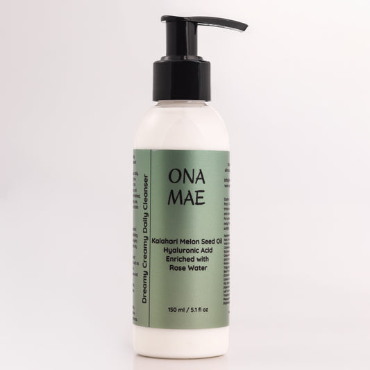 Ona Mae Dreamy Creamy Daily Cleanser bottle and packaging on a white background