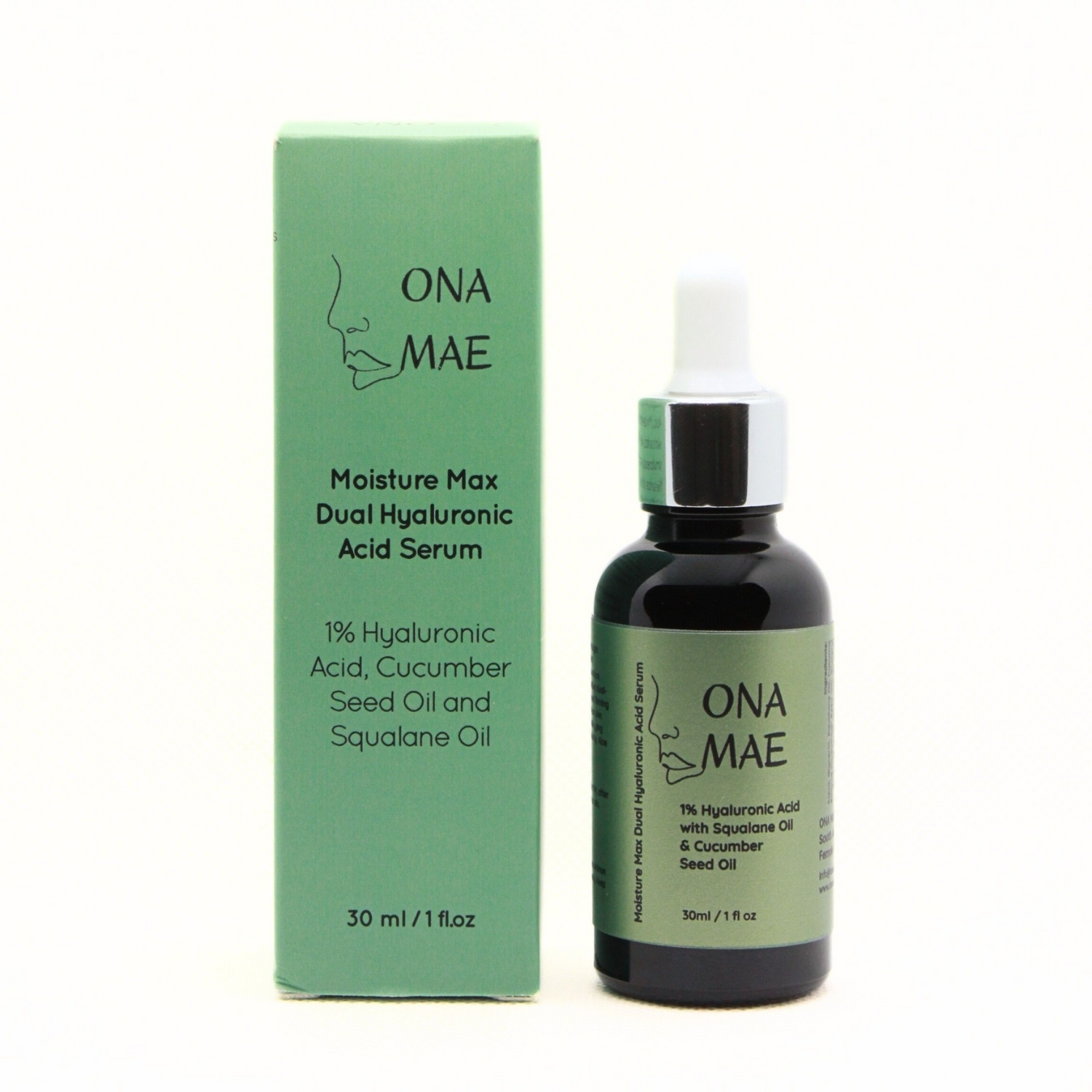 Ona Mae Glass pipette bottle containing Hyaluronic Acid Serum for skin care