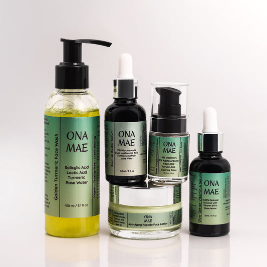 Ona Mae skincare products on a white surface with 'Dermatologically Tested' and 'Clinically Tested' labels.
