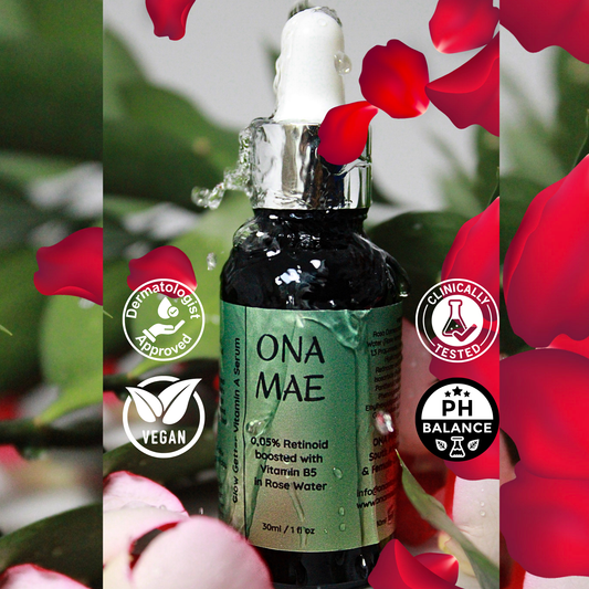 ONA MAE 0.05% Retinoid Serum skincare serum bottle with red flowers and certification icons on a blurred floral background
