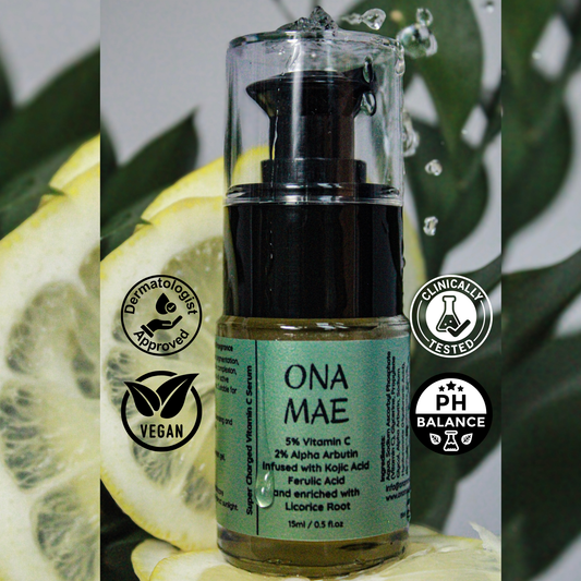 Ona Mae skincare product with lemon slices and green leaves in the background