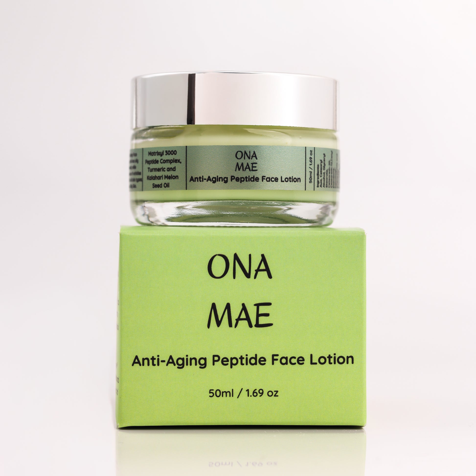 Ona Mae anti-aging peptide face lotion with packaging on a white background